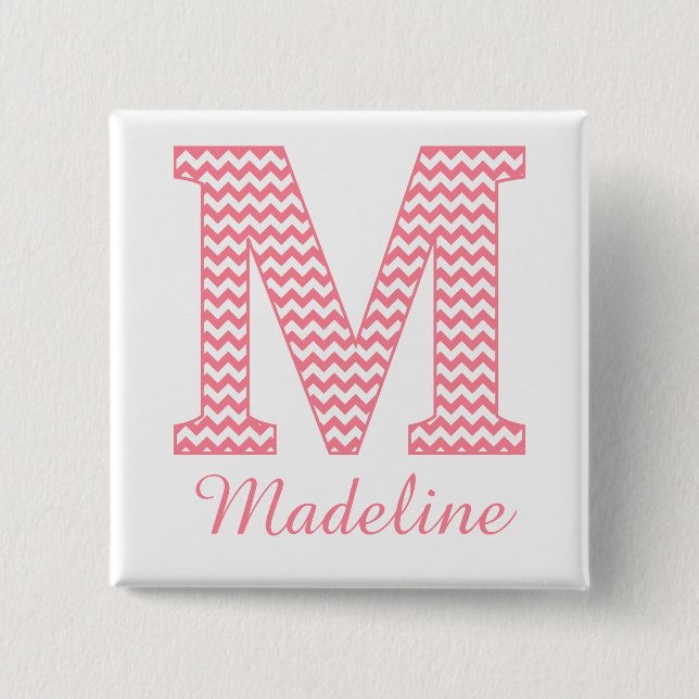Preppy Classic Pink Chevron Letter M Monogram 2 Inch Square Button (Front)