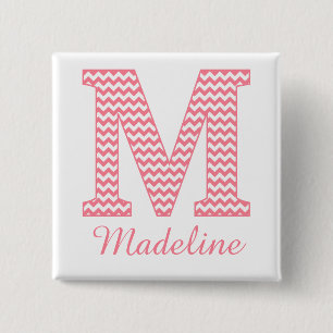 Preppy Classic Pink Chevron Letter M Monogram 2 Inch Square Button