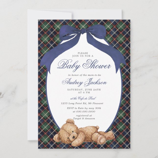 Preppy Classic Polo Bear Navy Plaid Baby Shower Invitation (Front)