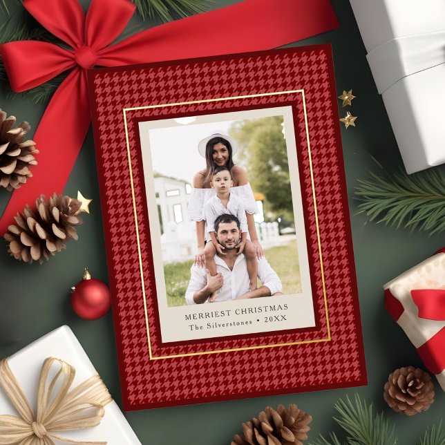 Preppy Classic Red Houndstooth Christmas Photo Foil Holiday Card (red houndstooth classic Christmas photo card)