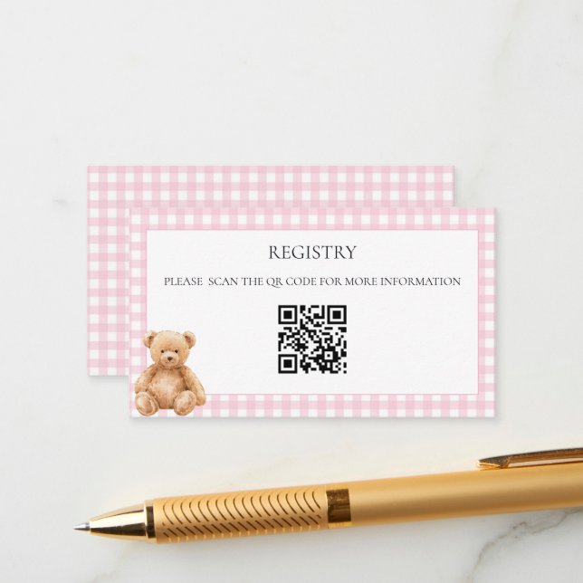 Preppy Classic Teddy Bear Baby Shower QR Code Enclosure Card (Front/Back In Situ)