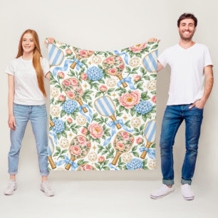 Preppy Coastal Chic Pickleball Blue & Blush Pink Fleece Blanket