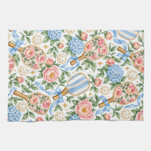 Preppy Coastal Chic Pickleball Blue & Blush Pink Kitchen Towel