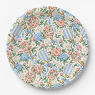 Preppy Coastal Chic Pickleball Blue & Blush Pink Paper Plate