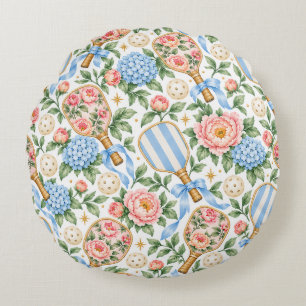 Preppy Coastal Chic Pickleball Blue & Blush Pink Round Pillow