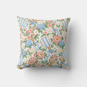 Preppy Coastal Chic Pickleball Blue & Blush Pink Throw Pillow