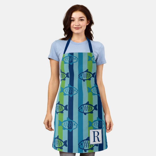 Preppy Coastal Fish Green Blue Stripe Apron (Worn)