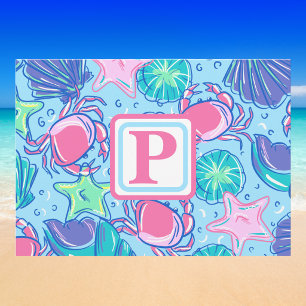 Preppy Coastal Monogram Shells Pink Crab Blue Card
