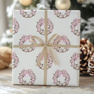 Preppy Coastal Oyster Bow Wreath Christmas Wrapping Paper