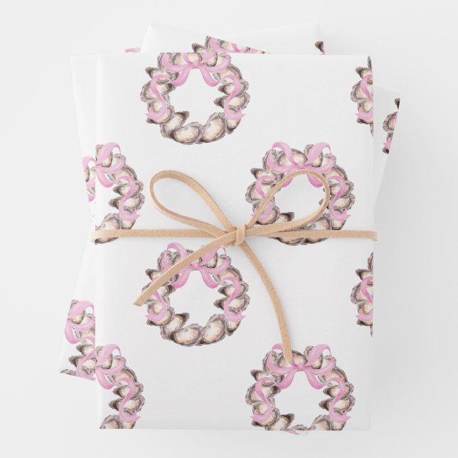 Preppy Coastal Oyster Bow Wreath Christmas Wrapping Paper Sheet (In situ)