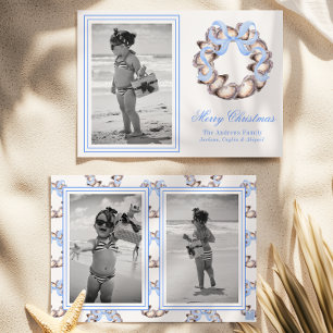 Preppy Coastal Oyster Bow Wreath Photo Holiday Card