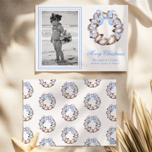 Preppy Coastal Oyster Bow Wreath Photo Holiday Card