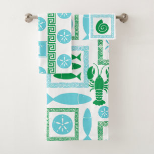 Preppy Coastal Patchwork Green & Turquoise Bath Towel Set