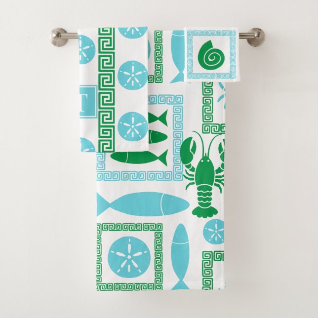 Preppy Coastal Patchwork Green & Turquoise        Bath Towel Set (Insitu)