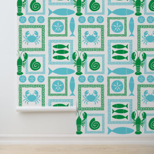 Preppy Coastal Patchwork Green & Turquoise        Wallpaper
