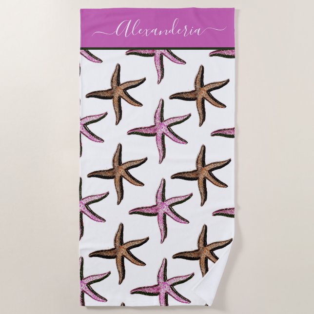 Preppy Coastal Pink Sand Starfish Beach Towel (Front)
