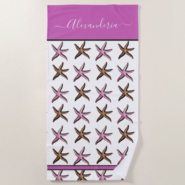 Preppy Coastal Pink Sand Starfish Beach Towel (Front)