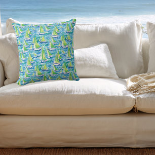 Preppy Coastal Sailboats Throw Pillow