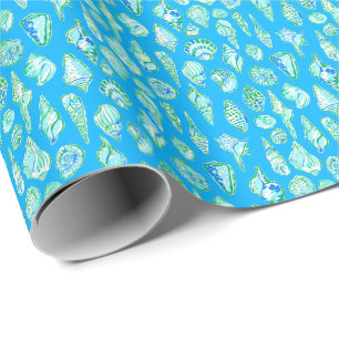 Preppy Coastal Sea Shells on Blue Seaside Wrapping Paper