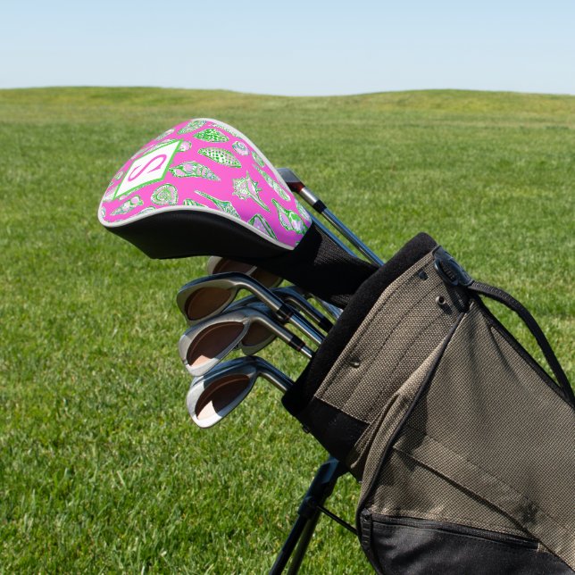 Preppy Coastal Sea Shells on Hot Pink Monogram Golf Head Cover (In Situ)