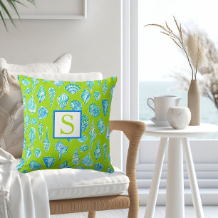 Preppy Coastal Sea Shells on Lime Green Monogram Throw Pillow