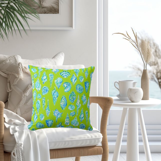 Preppy Coastal Sea Shells on Lime Green Seaside Throw Pillow (Creator Uploaded)