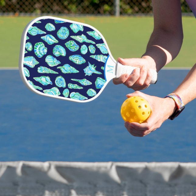 Preppy Coastal Sea Shells on Navy Seaside Monogram Pickleball Paddle (Insitu)
