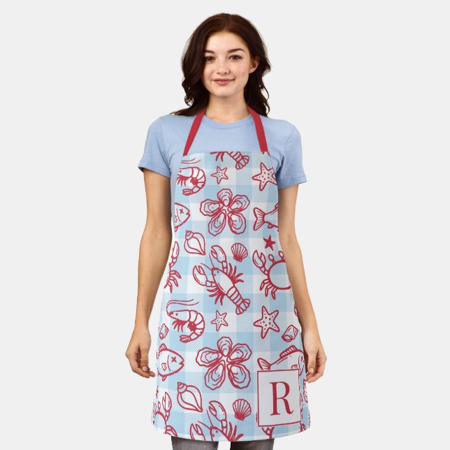 Preppy Coastal Seafood Gingham Kitchen Decor Apron (Worn)