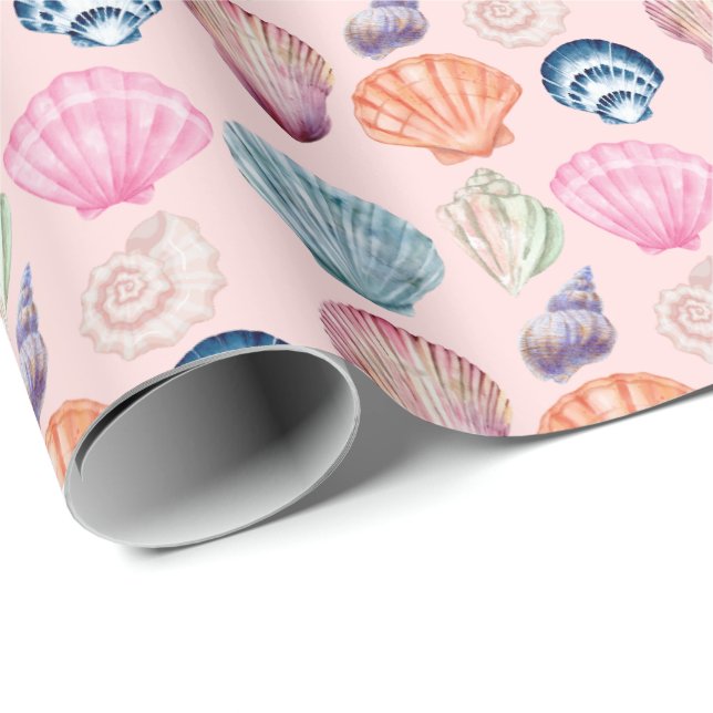 Preppy Coastal Seashell Pink Wrapping Paper Roll (Roll Corner)