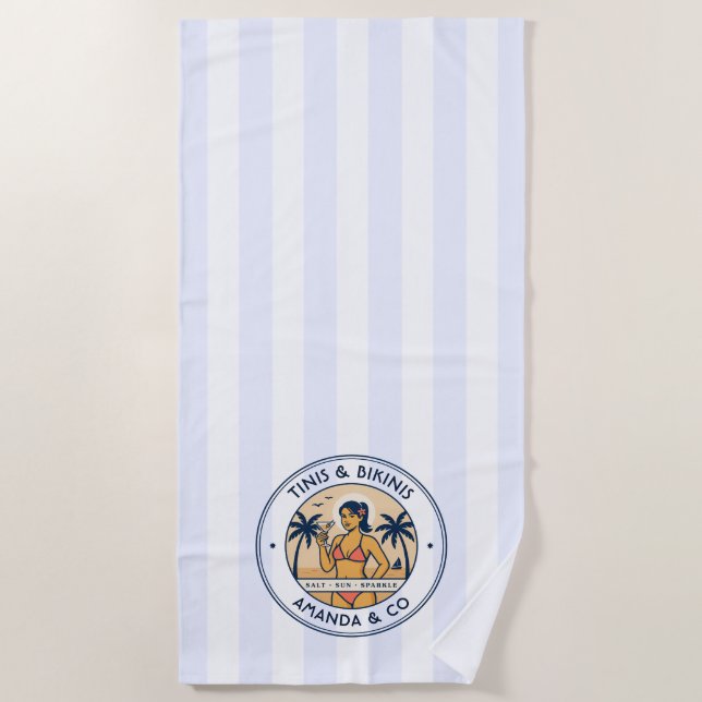 Preppy Coastal Tinis & Bikinis Personalized Beach Towel (Front)