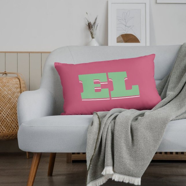 Preppy Collegiate Monogram Accent Pillow (Add a touch of retro to your space with this vibrant green and pink monogram throw pillow.)