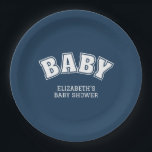 Preppy Collegiate Varsity Navy Baby Shower Paper Plate<br><div class="desc">Add the perfect finishing touch to your celebration with these Preppy Varsity Collegiate Navy Baby Shower Paper Plates, designed to bring classic charm and stylish detail to your baby shower décor. Featuring bold varsity-style lettering, these plates capture the timeless look of preppy collegiate design while celebrating the sweetest reason to...</div>