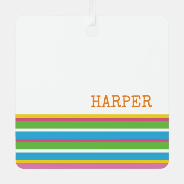 Preppy Colourful Stripes NAME Modern Fun Hip Metal Ornament (Front)