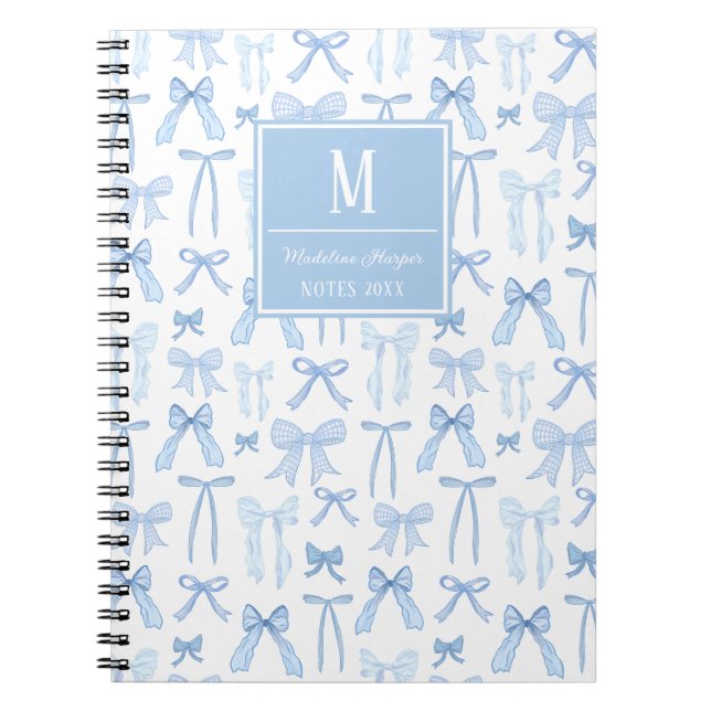 Preppy Coquette Blue Bows Monogram Personalized Notebook (Front)