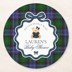 Preppy Coquette Bow Bear Plaid Baby Shower  Round Paper Coaster