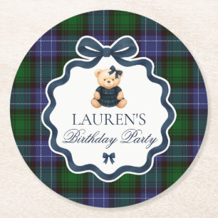 Preppy Coquette Bow Bear Plaid Birthday  Round Paper Coaster