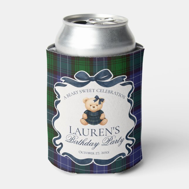 Preppy Coquette Bow Bear Tartan Birthday Favor Can Cooler (Can Front)