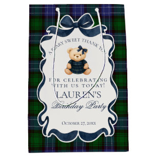 Preppy Coquette Bow Bear Tartan Birthday Favors Medium Gift Bag
