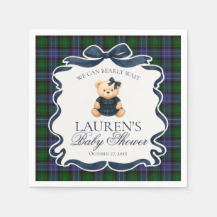 Preppy Coquette Bow Bear Tartan Plaid Baby Shower Napkin