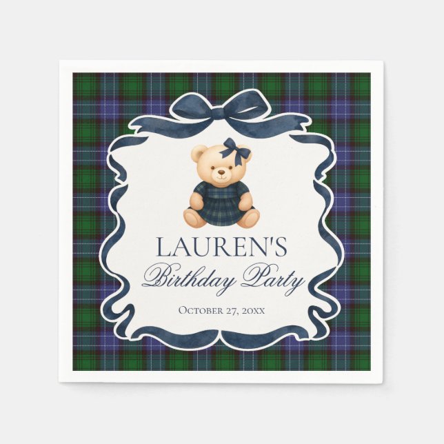 Preppy Coquette Bow Bear Tartan Plaid Birthday Napkin (Front)