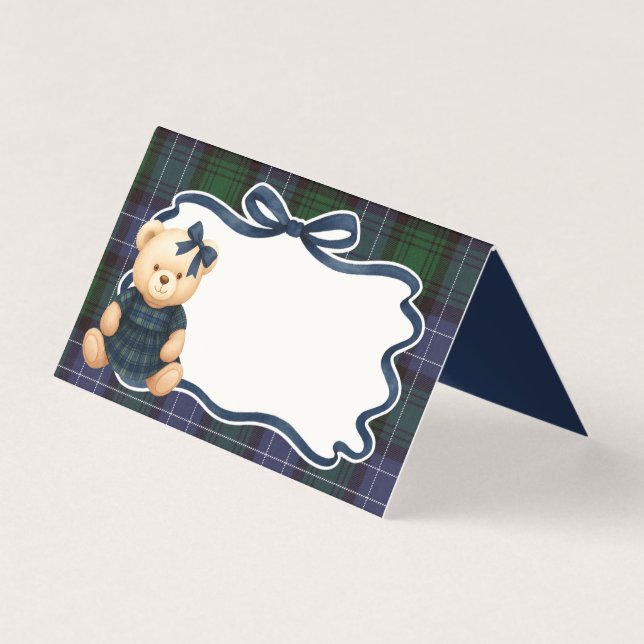 Preppy Coquette Bow Bear Tartan Plaid Place Card (Front)