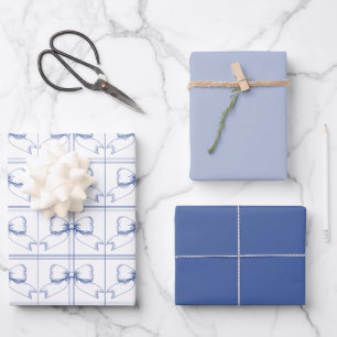 Preppy Coquette Bow Dusty Blue Line Drawn Wrapping Wrapping Paper Sheet