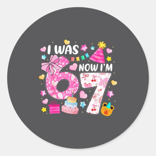 Preppy Coquette Bow I Was 6 Now I'm 7 7th Birthday Classic Round Sticker (Front)