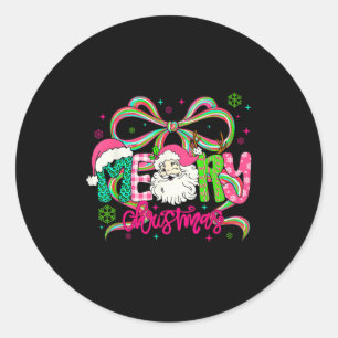 Preppy Coquette Bow Merry Christmas Santa Xmas Fam Classic Round Sticker