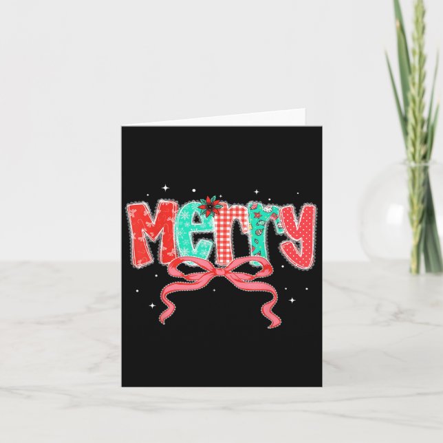 Preppy Coquette Lace Bow Merry Christmas Girl Wome Card (Front)