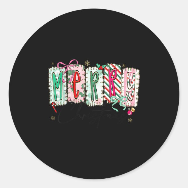 Preppy Coquette Merry Christmas Coquette Bow Girl  Classic Round Sticker (Front)