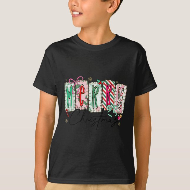 Preppy Coquette Merry Christmas Coquette Bow Girl  T-Shirt (Front)
