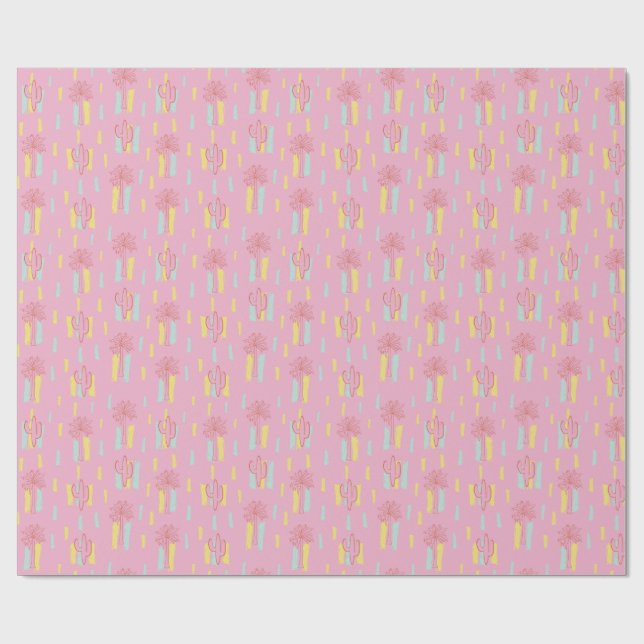Preppy Coquette Retro Palm Trees & Cactus Pattern  Wrapping Paper (Flat)