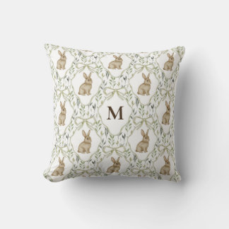 Preppy Coquette Watercolor Bunny Custom Monogram Throw Pillow
