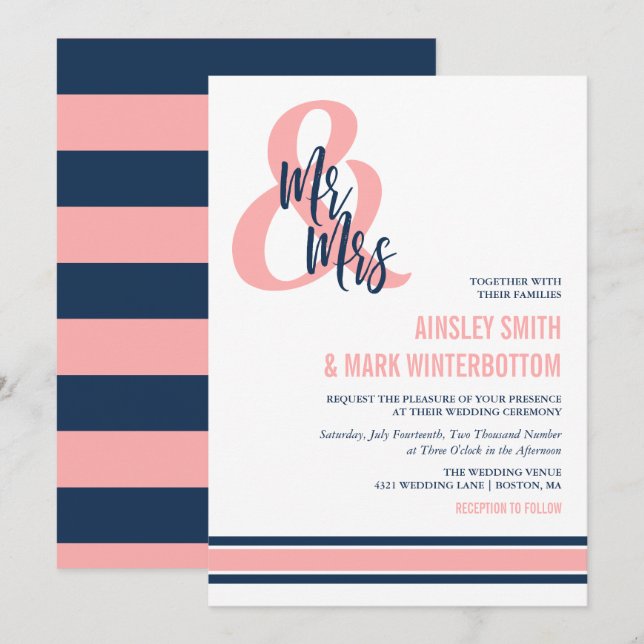 Preppy Coral & Navy Mr & Mrs Wedding Invitation (Front/Back)
